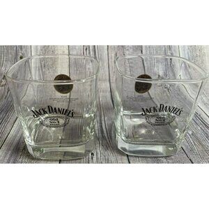 2 Jack Daniels Square Bottom Whiskey Glasses 1905 1st Gold Medal Win